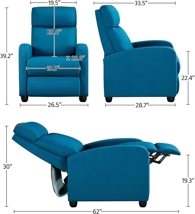 Yaheetech Fabric Recliner Sofa Modern Single Recliner Sofa Home Theater Seating with Thick Seat Cushion, Backrest and Pocket Spring, Blue - LeafyLoom