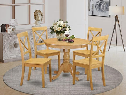 East West Furniture ANBO5-OAK-W Antique 5 Piece Modern Set Includes a Round Kitchen Table with Pedestal and 4 Dining Chairs, 36x36 Inch - LeafyLoom