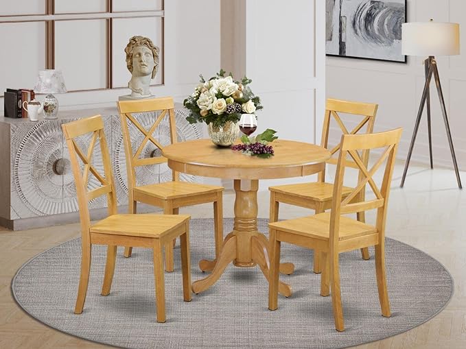 East West Furniture ANBO5-OAK-W Antique 5 Piece Modern Set Includes a Round Kitchen Table with Pedestal and 4 Dining Chairs, 36x36 Inch - LeafyLoom