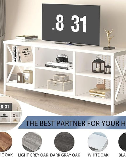 LVB White TV Stand for 75 Inch TV, Large Industrial Wood Entertainment Center with Storage Cabinet, Long Modern Metal Television Stands Console Table for Home Living Room Bedroom, White Oak, 63 Inch - LeafyLoom