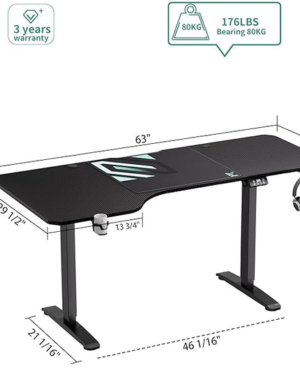 L Shaped Electric Standing Desk, 63 Inches Stand Up Corner Desk, Home Office Sit Stand Desk with Carbon Firben Top, Black Frame & Caster Wheels Set… - LeafyLoom