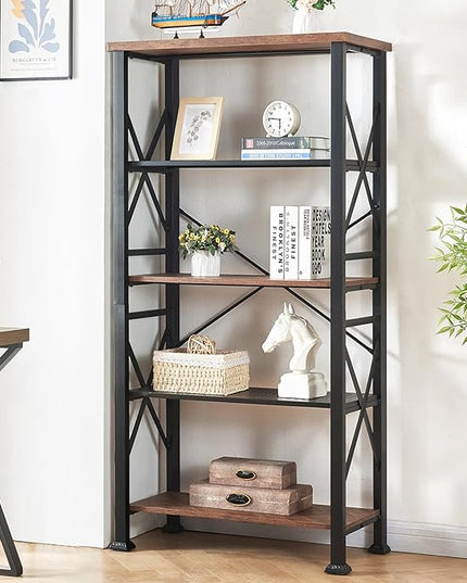 HOMBAZAAR Bookshelf, 5-Tier Industrial Bookshelf, Etagere Bookcases and Bookshelves, Tall Bookshelf Storage Organizer, Freestanding Bookshelf for Living Room, Bedroom and Home Office, Brown - LeafyLoom