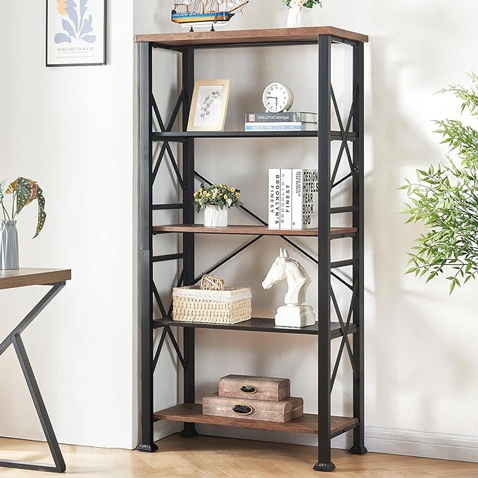 HOMBAZAAR Bookshelf, 5-Tier Industrial Bookshelf, Etagere Bookcases and Bookshelves, Tall Bookshelf Storage Organizer, Freestanding Bookshelf for Living Room, Bedroom and Home Office, Brown - LeafyLoom