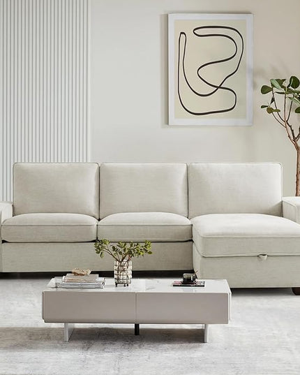 COHOME 100" L-Shaped Sofa with Storage, Chenille Upholstered Deep Seat Couch for Living Room, Sofa with Reversible Chaise, Removable Covers, 3-Seater Apartment Sofa with Charge Ports,Beige - LeafyLoom