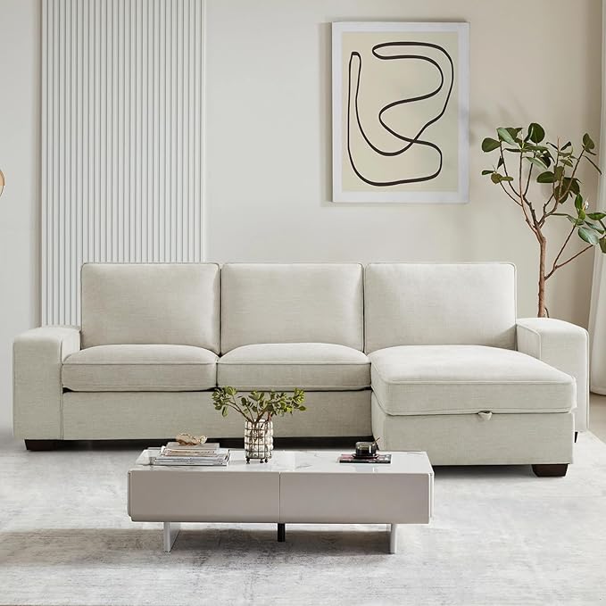 COHOME 100" L-Shaped Sofa with Storage, Chenille Upholstered Deep Seat Couch for Living Room, Sofa with Reversible Chaise, Removable Covers, 3-Seater Apartment Sofa with Charge Ports,Beige - LeafyLoom