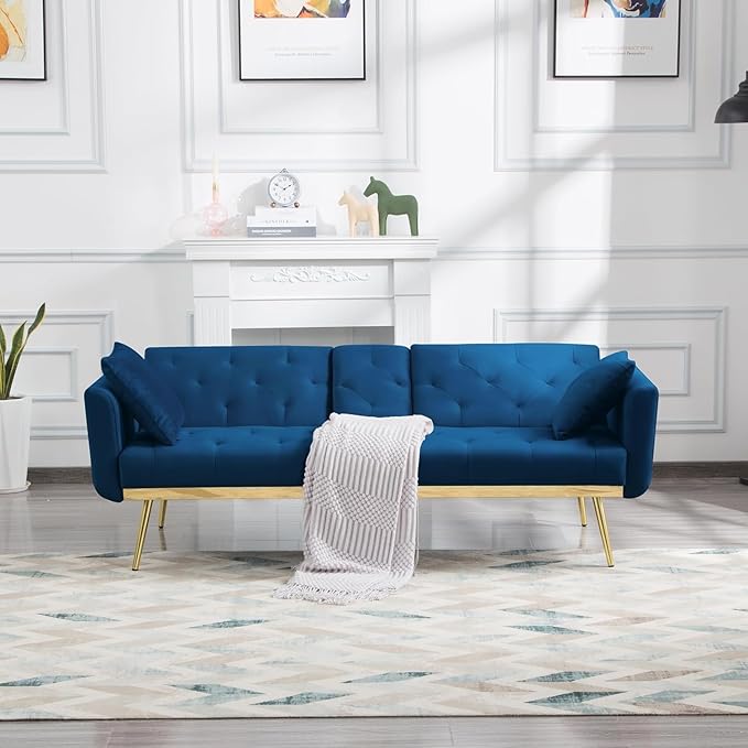 72.4" Mid-Century Modern Tufted Loveseat Sofa Living Room Furniture Sets with Cup Holder/2 Pillows/Adjusting Backrest Small Comfy Couch for Bedroom Apartment,Home Office,Navy Blue Sofá - LeafyLoom