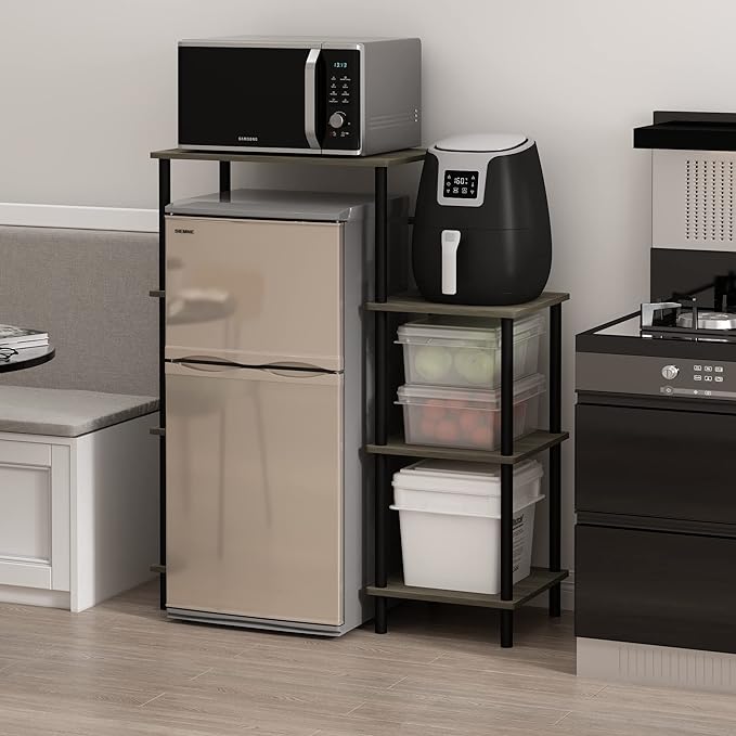 Furinno Turn-N-Tube Toolless Kitchen Storage Shelf Tall, French Oak Grey/Black, Fridge Space - LeafyLoom