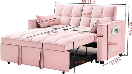 55" 3 in 1 Convertible Loveseat Futon Sofa Couch of Mordern Velvet w/Pullout Bed, Small Love Seat Lounge Sleeper w/Reclining Backrest, Toss Pillows, Pockets, Furniture for Living Room Bed - LeafyLoom
