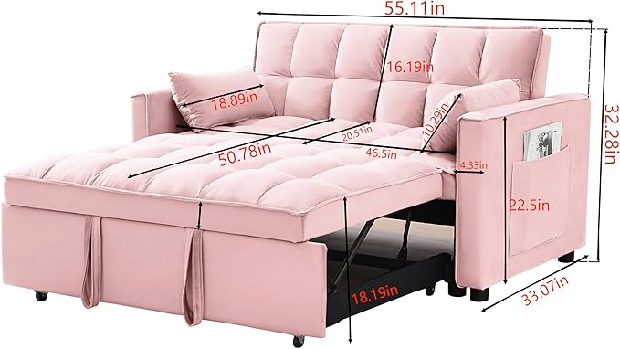 55" 3 in 1 Convertible Loveseat Futon Sofa Couch of Mordern Velvet w/Pullout Bed, Small Love Seat Lounge Sleeper w/Reclining Backrest, Toss Pillows, Pockets, Furniture for Living Room Bed - LeafyLoom
