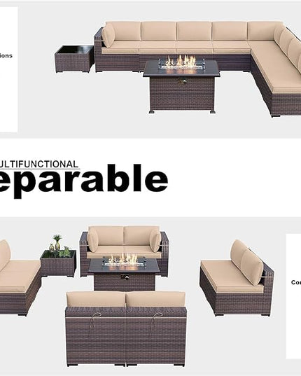 Kullavik 10 Pieces Outdoor Patio Furniture Set with 43" Gas Propane Fire Pit Table PE Wicker Rattan Sectional Sofa Patio Conversation Sets,Sand - LeafyLoom