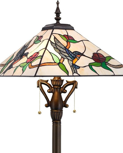 Tiffany Floor Lamp Mission Style Stained Glass Standing Reading Light 16X16X64 Inch Amber Hummingbird - LeafyLoom