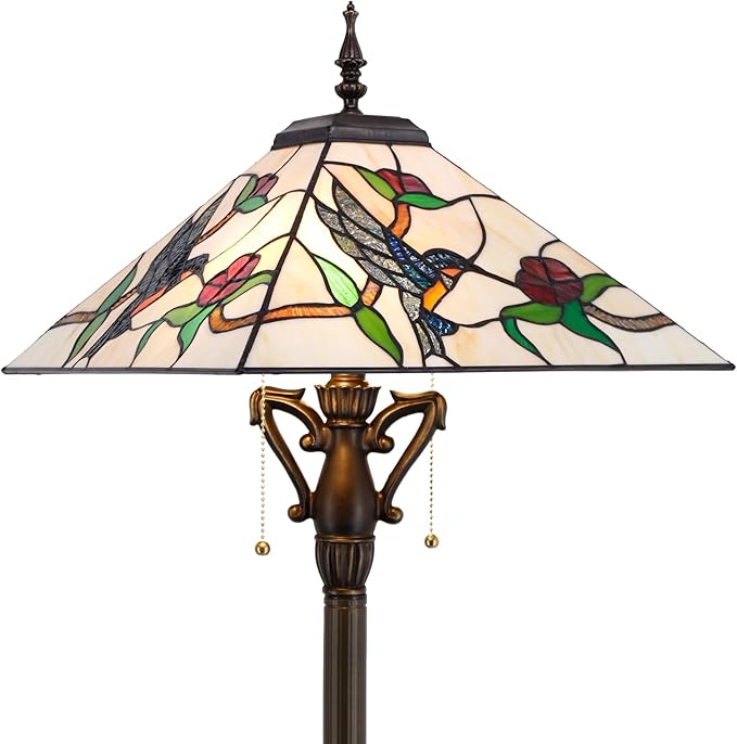 Tiffany Floor Lamp Mission Style Stained Glass Standing Reading Light 16X16X64 Inch Amber Hummingbird - LeafyLoom