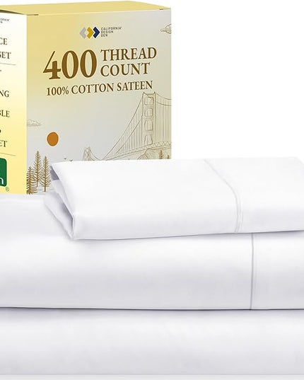 California Design Den Twin Sheets Set, Good Housekeeping Award Winner, 400 Thread Count Sateen Cooling Sheets 100% Cotton Sheets Soft Luxury 3 Pc Dorm Rooms & Adults Twin Bed Sheets Set (White Sheets) - LeafyLoom
