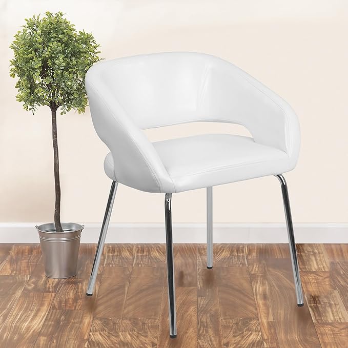 Flash Furniture Fusion Series LeatherSoft Upholstered Side Reception Chair, Retro Padded Lounge Chair for Living Room or Office, White - LeafyLoom