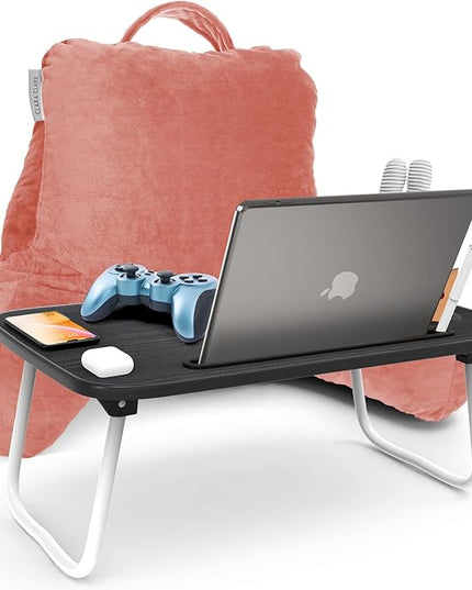 Clara Clark Reading Pillow with Portable Lap Desk Set for Kids, Back Pillow for Sitting Up in Bed, Memory Foam Back Support Pillow, Bed Rest Pillow with Foldable Laptop Desk, Small - Misty Rose - LeafyLoom