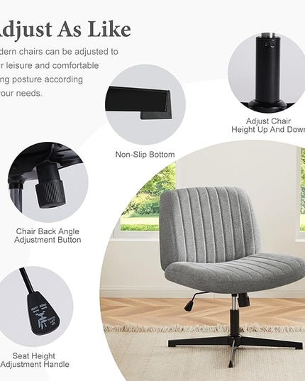 Sweetcrispy Criss Cross Chair Legged, Armless Office Desk Chair No Wheels, Swivel Vanity Chair, Height Adjustable Wide Seat Computer Task Chair, Fabric Vanity Modern Home Chair Grey - LeafyLoom
