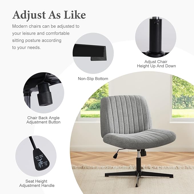 Sweetcrispy Criss Cross Chair Legged, Armless Office Desk Chair No Wheels, Swivel Vanity Chair, Height Adjustable Wide Seat Computer Task Chair, Fabric Vanity Modern Home Chair Grey - LeafyLoom