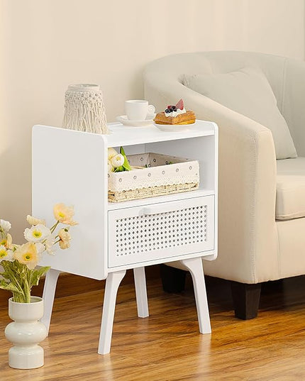 Lerliuo Rattan Nightstands set of 2 with Charging Station, Side Table with Drawer Open Shelf, Cane Accent Bedside End Table with Solid Wood Legs, Night Stand for Bedroom, Dorm and Small Spaces (White) - LeafyLoom