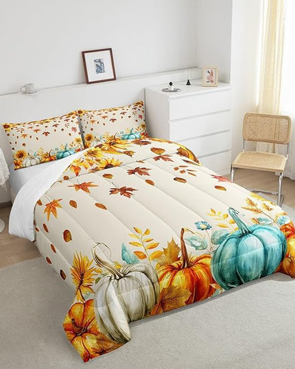 Fall Pumpkin Bedding Set For Home Queen Thanksgiving Harvest Season Fruit Decor Comforter Set Autumn Fall Maple Leaf Quilt Comforter for Kids Teen Adults,Rustic Farm Sunflower Bed Sets 2 Pillow Cases - LeafyLoom