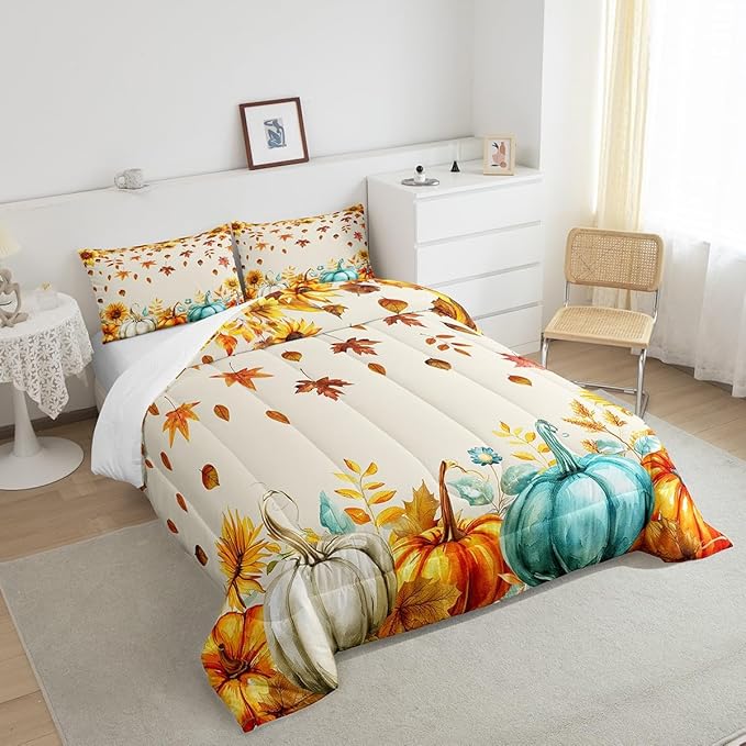 Fall Pumpkin Bedding Set For Home King Thanksgiving Harvest Season Fruit Decor Comforter Set Autumn Fall Maple Leaf Quilt Comforter for Kids Teen Adults,Rustic Farm Sunflower Bed Sets 2 Pillow Cases - LeafyLoom