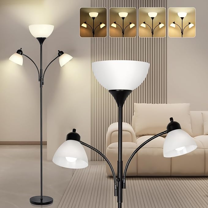 RIGLG Floor Lamps for Living Room,Standing Lamp with Stepless Dimming, 3 Lights Adjustable Reading Lights, Morden Tall Lamps for Living Room, Bedroom, Office - LeafyLoom
