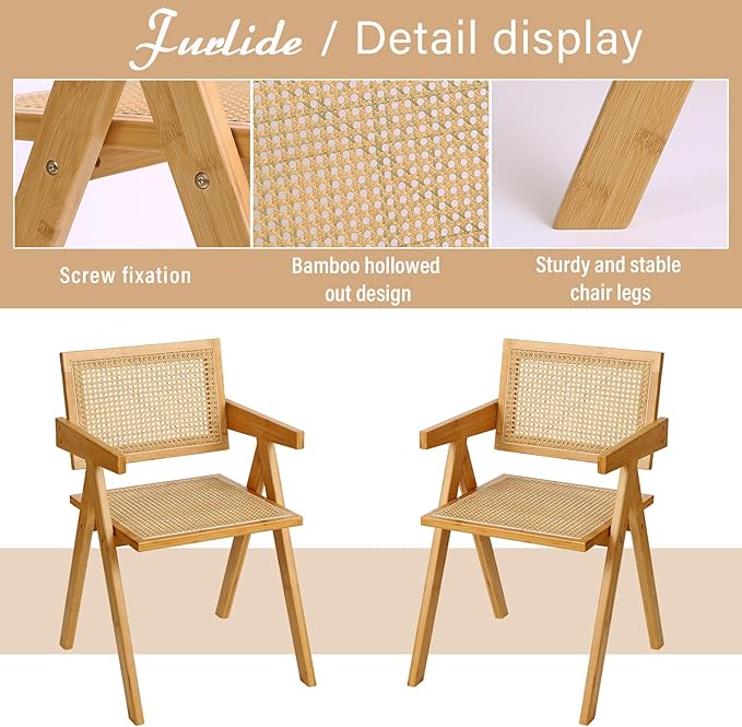 Rattan Dining Chairs Set of 2, Modern Mid Century Accent Chairs, Comfy Armchairs, Outdoor Rattan Chairs with Armrest for Bedroom Living Room Reading Room Dining Kitchen - LeafyLoom