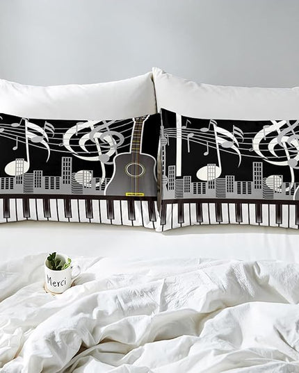 Erosebridal Paino Keys Bedding Set Queen Size Musical Notes Comforter Set Guitar Rock Music Bedding Comforter for Kids Boys Teens Men Retro Black White Grey Down Comforter Bedroom Decor 3 Piece - LeafyLoom