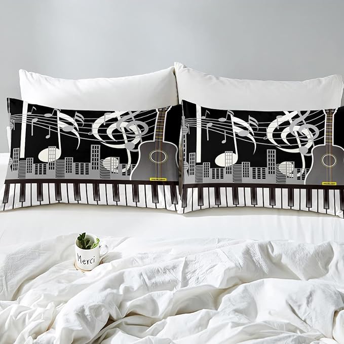 Erosebridal Paino Keys Bedding Set Queen Size Musical Notes Comforter Set Guitar Rock Music Bedding Comforter for Kids Boys Teens Men Retro Black White Grey Down Comforter Bedroom Decor 3 Piece - LeafyLoom