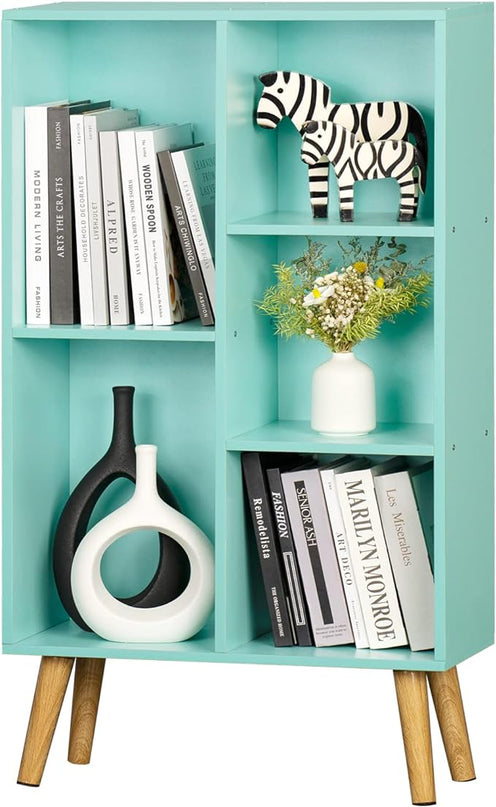 LEYAOYAO 5 Cube Bookshelf 3-Tier Bookcase with Legs,Mint Green Kids Book Shelf Cute Storage Organizer,Free Standing Open Toy Shelves Wood Bookshelves,Display Bookcases for Bedroom,Living Room,Nursery - LeafyLoom
