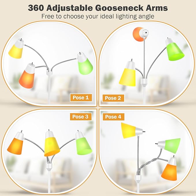 FOLKSMATE LED Floor Lamp, Medusa 3 Head Modern Adjustable Gooseneck Tall Standing Light for Living/Kids Room, Bedroom, White - LeafyLoom