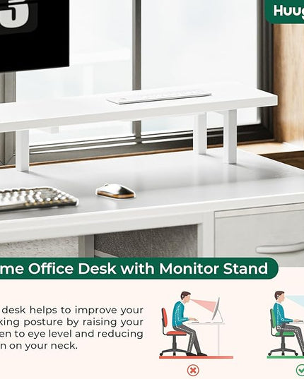 47 inch Computer Desk with 4 Drawers, Gaming Desk with LED Lights & Power Outlets, Home Office Desk with Large Storage Space for Bedroom, Work from Home, White - LeafyLoom