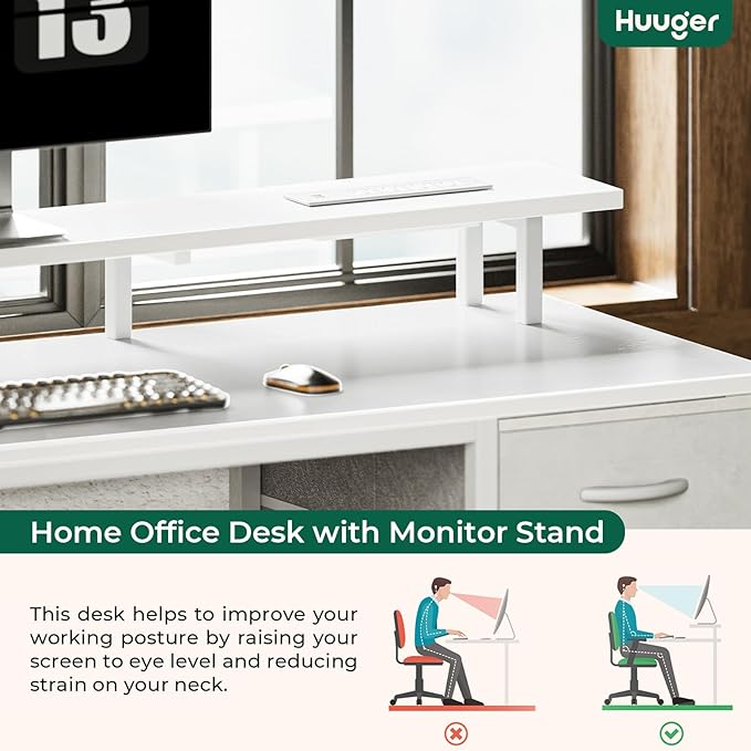 47 inch Computer Desk with 4 Drawers, Gaming Desk with LED Lights & Power Outlets, Home Office Desk with Large Storage Space for Bedroom, Work from Home, White - LeafyLoom