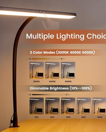 LED Desk Lamp with Clamp, 23" Wide Desk Light for Home Office, 20W Brightest, 2000LM, 3 Color Modes & Dimmable Brightness with Touch Control, Tall Flexible Light for Monitor Studio Reading - LeafyLoom