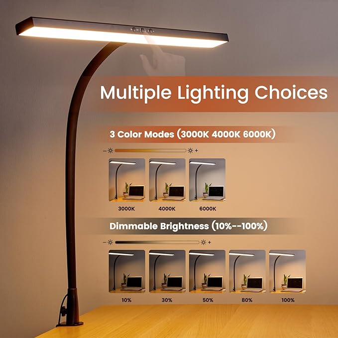 LED Desk Lamp with Clamp, 23" Wide Desk Light for Home Office, 20W Brightest, 2000LM, 3 Color Modes & Dimmable Brightness with Touch Control, Tall Flexible Light for Monitor Studio Reading - LeafyLoom
