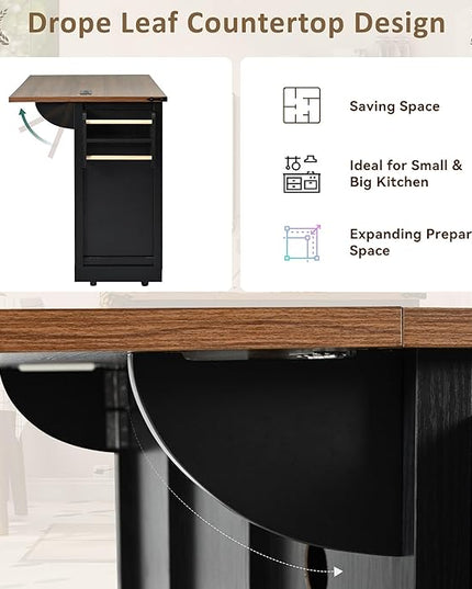 Farmhouse Island with Power Outlet, Rolling Kitchen-Cart with Drop Leaf, Storage Cabinet Table on Wheels w/Spice Rack and Drawer for Dining Room, Bar, 53, Black - LeafyLoom