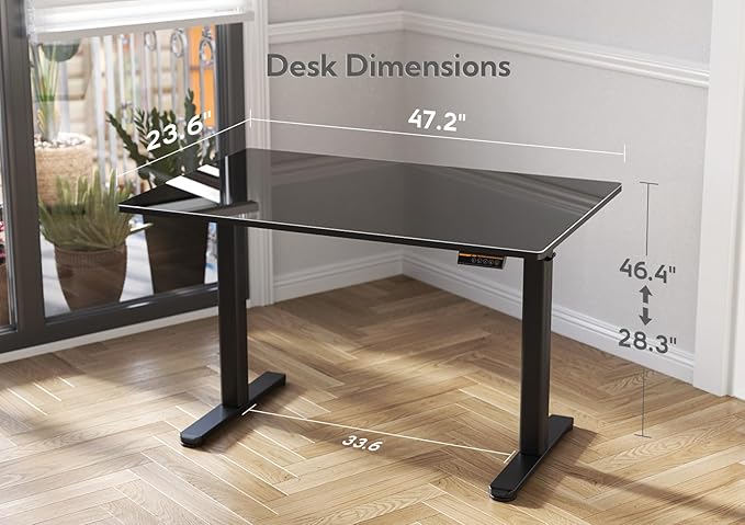 Glass Standing Desk, Electric Standing Desk Adjustable Height, 48 Inch Adjustable Stand Up Desk, Quick Install Home Office Computer Desk, Black - LeafyLoom