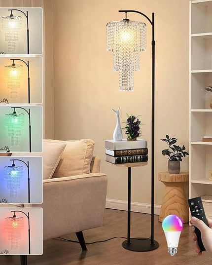 Arc Floor Lamp with Table Shelves Elegant Modern Crystal Floor Standing Lamps with Remote Control Dimmable LED Floor Lamp Crystal Shade with 10 Color Black Adjustable Tall Lamp For Living Room Bedroom - LeafyLoom