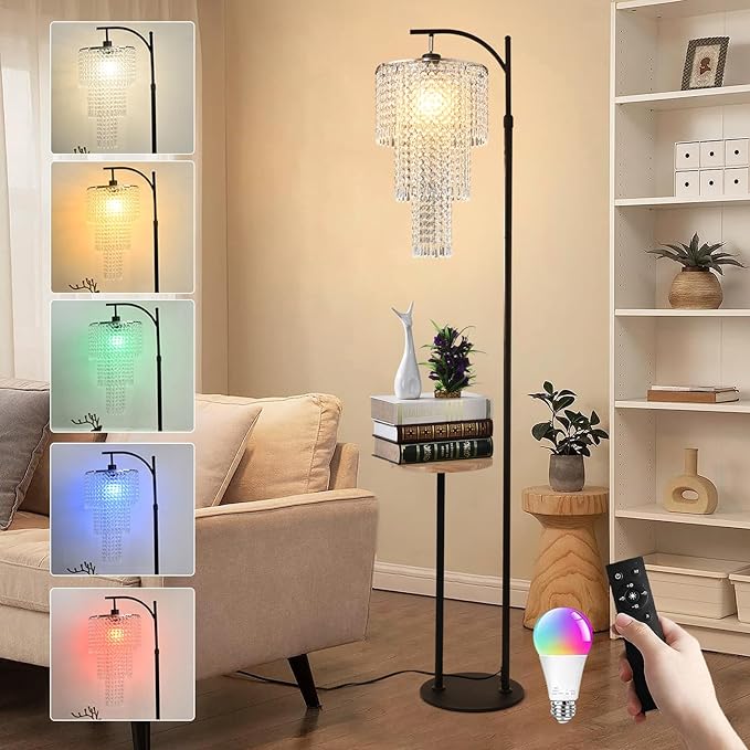 Arc Floor Lamp with Table Shelves Elegant Modern Crystal Floor Standing Lamps with Remote Control Dimmable LED Floor Lamp Crystal Shade with 10 Color Black Adjustable Tall Lamp For Living Room Bedroom - LeafyLoom