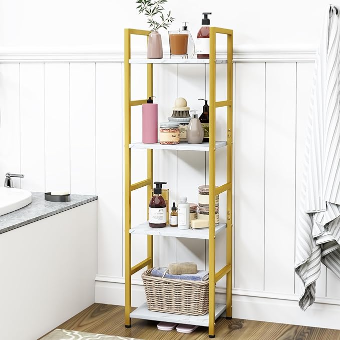 4 Tier Bookshelf, Small Book Shelf Industrial Bookcase, Metal Narrow Book Case Book Storage Organizer,Bookshelves for Bedroom Office Living Room(4 Tier,Gold) - LeafyLoom