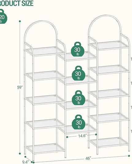 5 tier Bookcase Bookshelf, Tempered Glass Bookshelves, Triple Wide Glass Storage Rack with 14 Open Storage Spaces, Display Shelf for Living Room, Home Office, Bedroom, Gold BC50101G - LeafyLoom