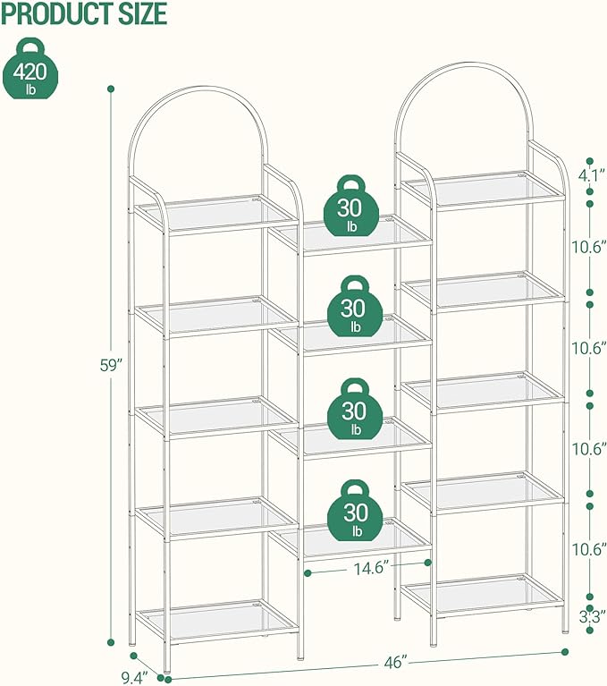 5 tier Bookcase Bookshelf, Tempered Glass Bookshelves, Triple Wide Glass Storage Rack with 14 Open Storage Spaces, Display Shelf for Living Room, Home Office, Bedroom, Gold BC50101G - LeafyLoom