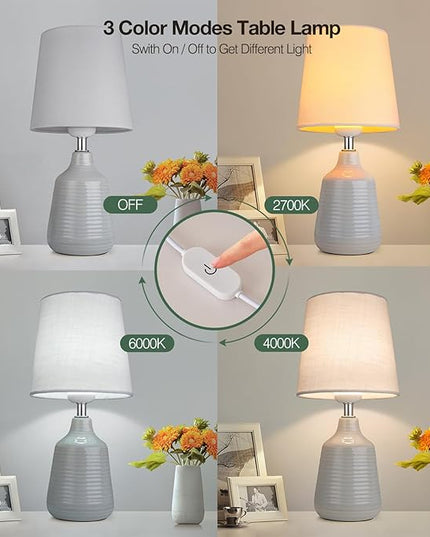 AIDENOEY Small Table Lamp for Bedroom -Bedside Desk Reading Lamps with 3 Way DimmableTouch Control,Nightstand Ceramic Lamp with Fabric Shade for Kids Room,Living Room,Dorm,Home Office (Light Grey) - LeafyLoom