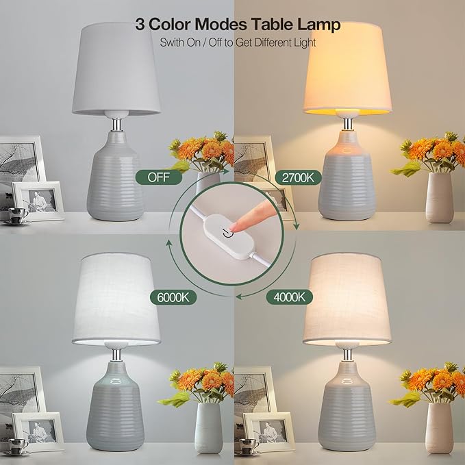 AIDENOEY Small Table Lamp for Bedroom -Bedside Desk Reading Lamps with 3 Way DimmableTouch Control,Nightstand Ceramic Lamp with Fabric Shade for Kids Room,Living Room,Dorm,Home Office (Light Grey) - LeafyLoom