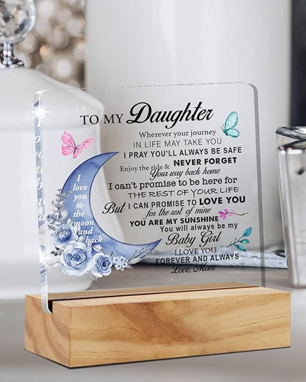 Daughter Gift From Mom, to My Daughter Wherever Your Journey in Life Desk Decor Moon Acrylic Desk Plaque Sign with Wood Stand Home Office Table Desk Sign Keepsake - LeafyLoom