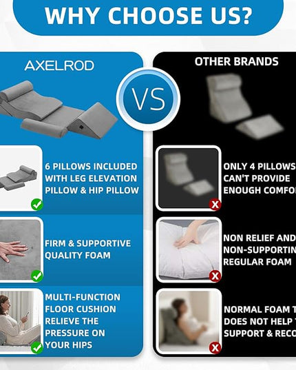 Axelrod 6PCS Orthopedic Bed Wedge Pillow Set, Post Surgery Foam for Back, Neck & Leg Pain Relief Comfortable & Adjustable Ortho Pillows- Anti Snoring, Heartburn, Acid Reflux & GERD Sleeping Light Grey - LeafyLoom