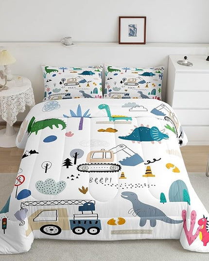 Cartoon Car Comforter Set King Size, Kawaii Dino Bedding For Child, Machinery Trucks Construction Vehicle Cartoon Dinosaurs Bedding Comforter Sets, Cute Wild Animal Equipment Blue Gray Green Quilt - LeafyLoom