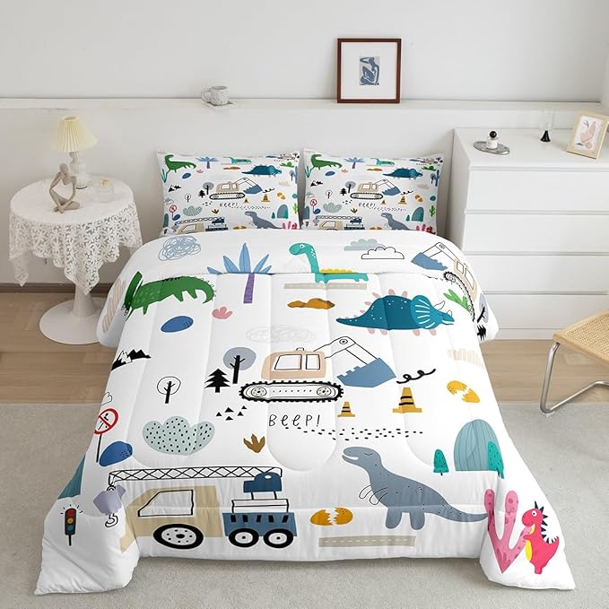 Cartoon Car Comforter Set King Size, Kawaii Dino Bedding For Child, Machinery Trucks Construction Vehicle Cartoon Dinosaurs Bedding Comforter Sets, Cute Wild Animal Equipment Blue Gray Green Quilt - LeafyLoom