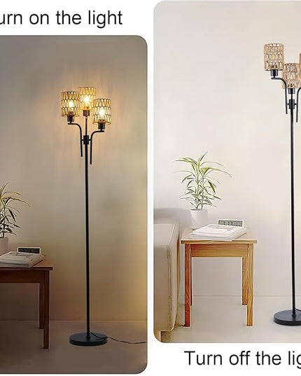 Ganeed Floor Lamps for Living Room,3 Lights Rattan Standing Tall Lamp with Foot Switch,360°Rotation Black Modern Woven Standing Floor Lamp for Bedroom Office - LeafyLoom