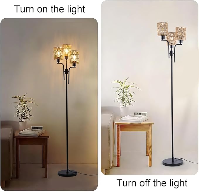 Ganeed Floor Lamps for Living Room,3 Lights Rattan Standing Tall Lamp with Foot Switch,360°Rotation Black Modern Woven Standing Floor Lamp for Bedroom Office - LeafyLoom