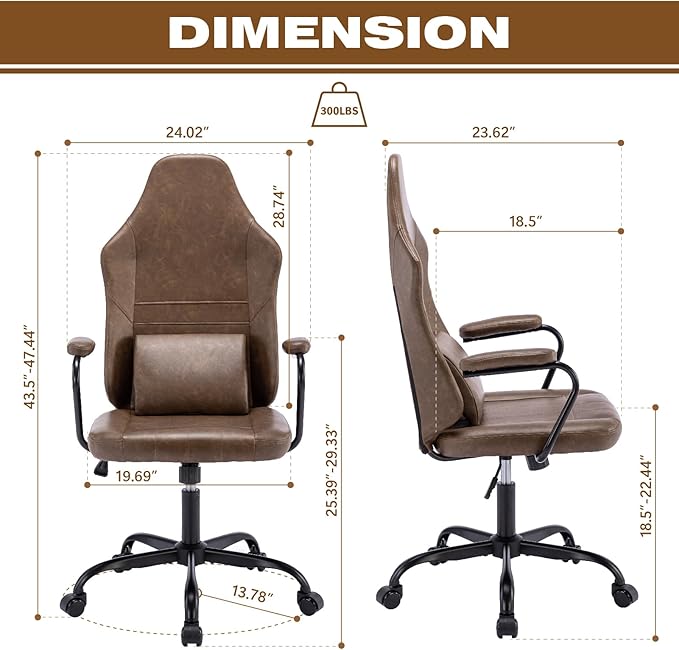 Executive Office Chair, Home Office Desk Chair, High Back PU Leather Desk Chair, 360° Swivel Computer Chair, Height Adjustable Tilt Vanity Task Chair for Office, Reading Meeting Room - LeafyLoom